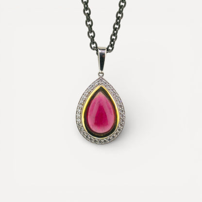 Rubellite Tourmaline Cabochon and Diamond 18kt Necklace made in USA by Cynthia Scott Jewelry