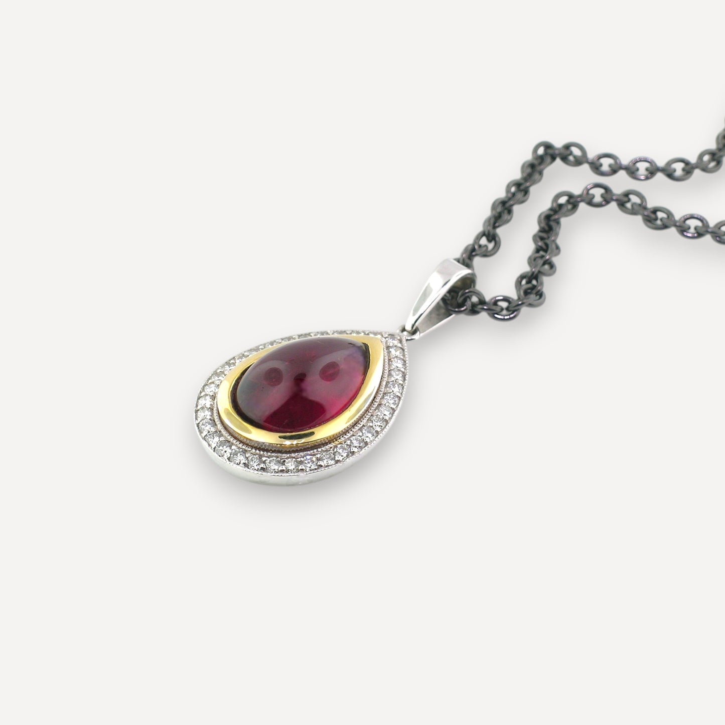 Rubellite Tourmaline Cabochon and Diamond 18kt Necklace made in USA by Cynthia Scott Jewelry