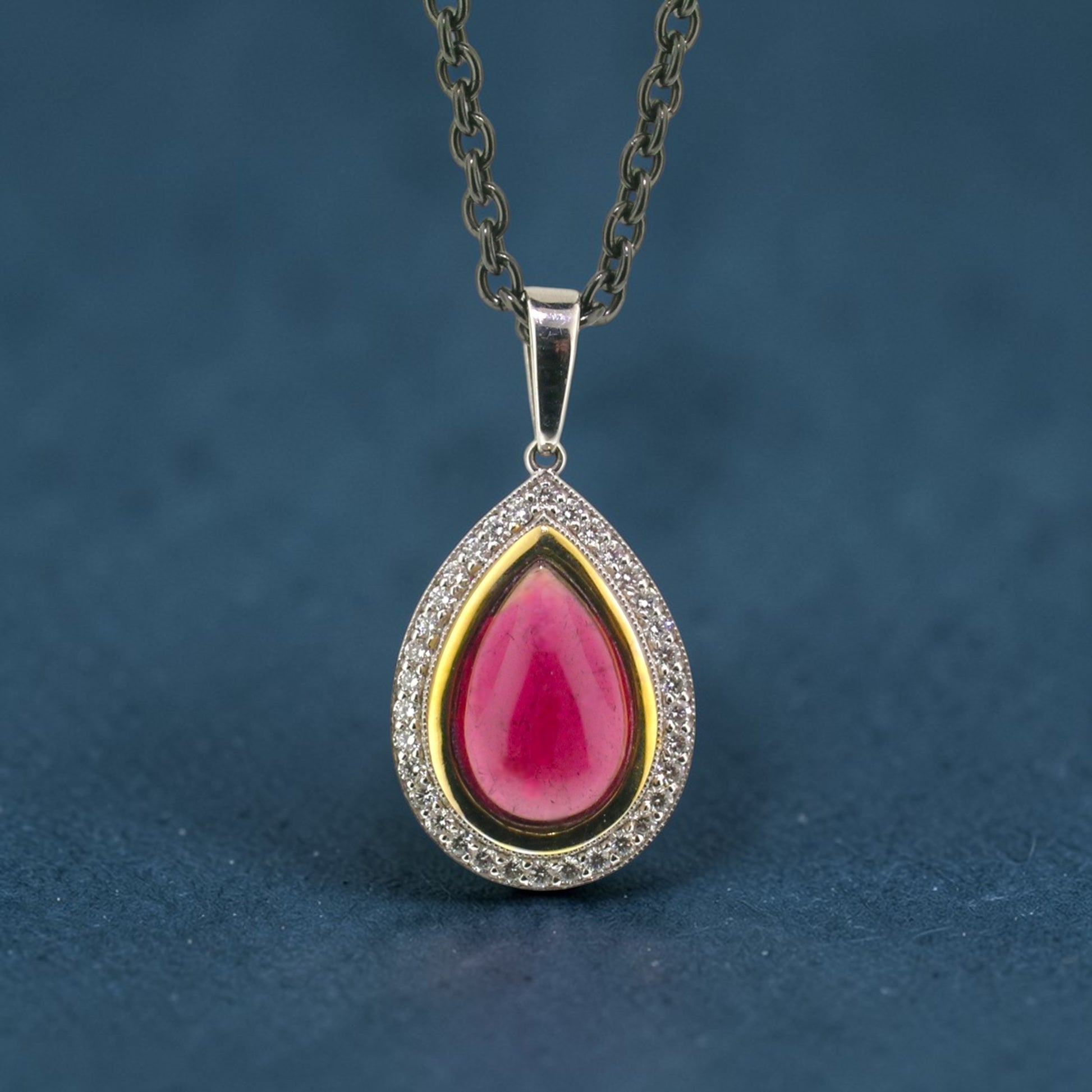 Rubellite Tourmaline Cabochon and Diamond 18kt Necklace made in USA by Cynthia Scott Jewelry