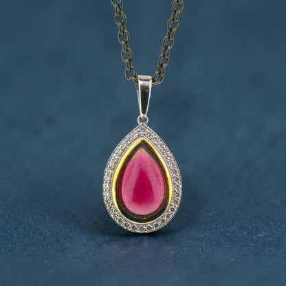 Rubellite Tourmaline Cabochon and Diamond 18kt Necklace made in USA by Cynthia Scott Jewelry