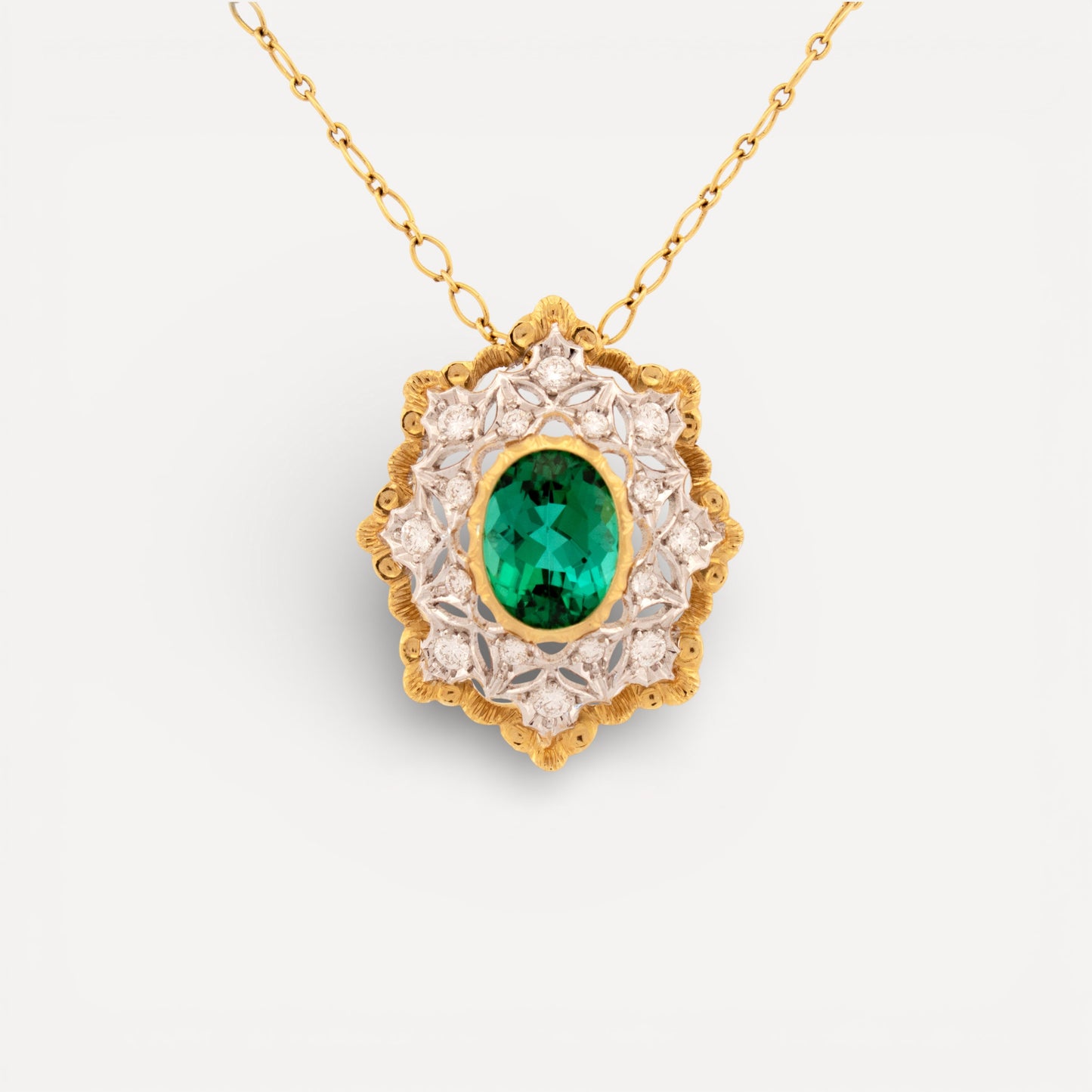A green tourmaline in 18kt Florentine Engraved Giulia pendant necklace made in Florence, Italy by Cynthia Scott Jewelry