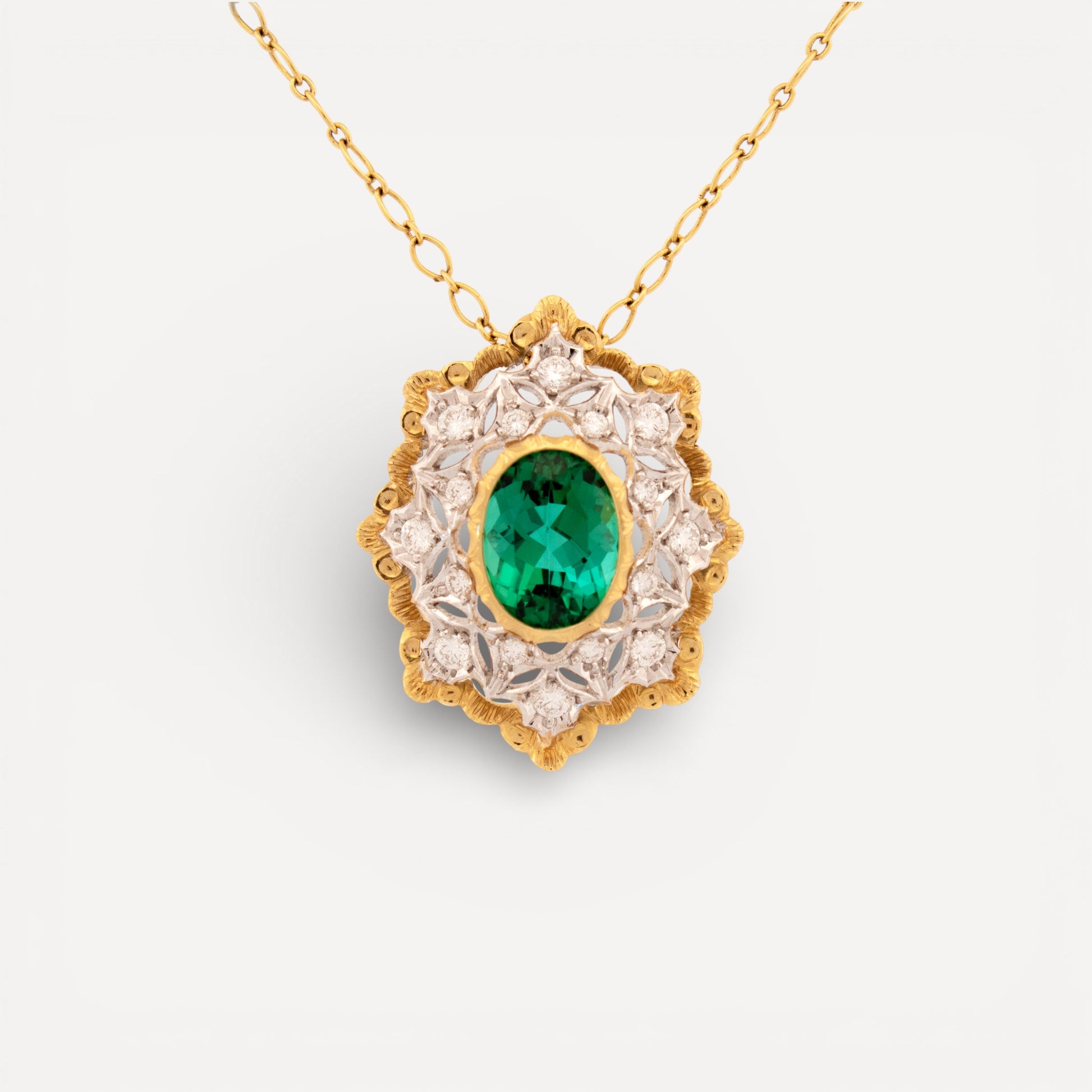 A green tourmaline in 18kt Florentine Engraved Giulia pendant necklace made in Florence, Italy by Cynthia Scott Jewelry