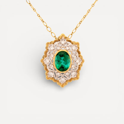 A green tourmaline in 18kt Florentine Engraved Giulia pendant necklace made in Florence, Italy by Cynthia Scott Jewelry