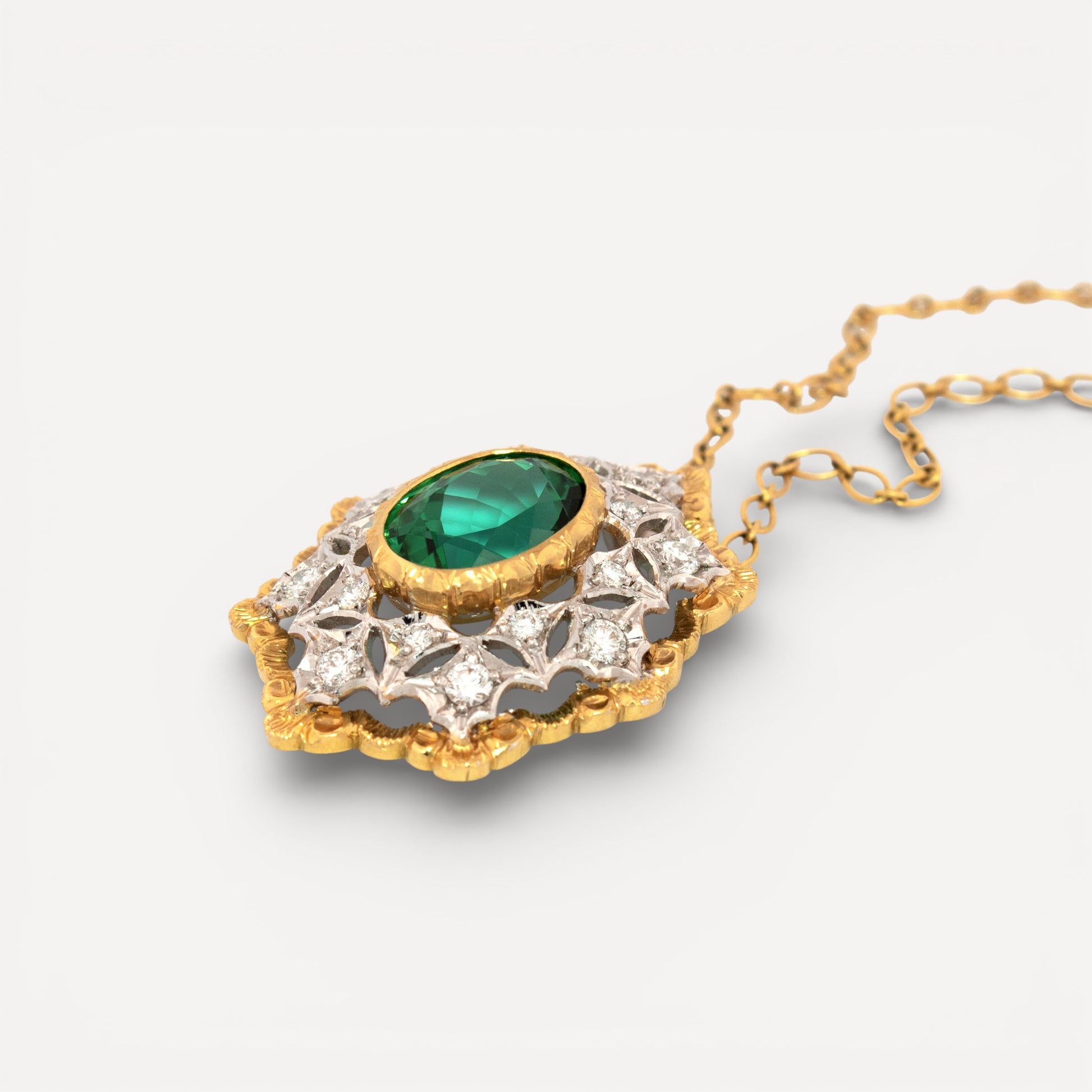A green tourmaline in 18kt Florentine Engraved Giulia pendant necklace made in Florence, Italy by Cynthia Scott Jewelry