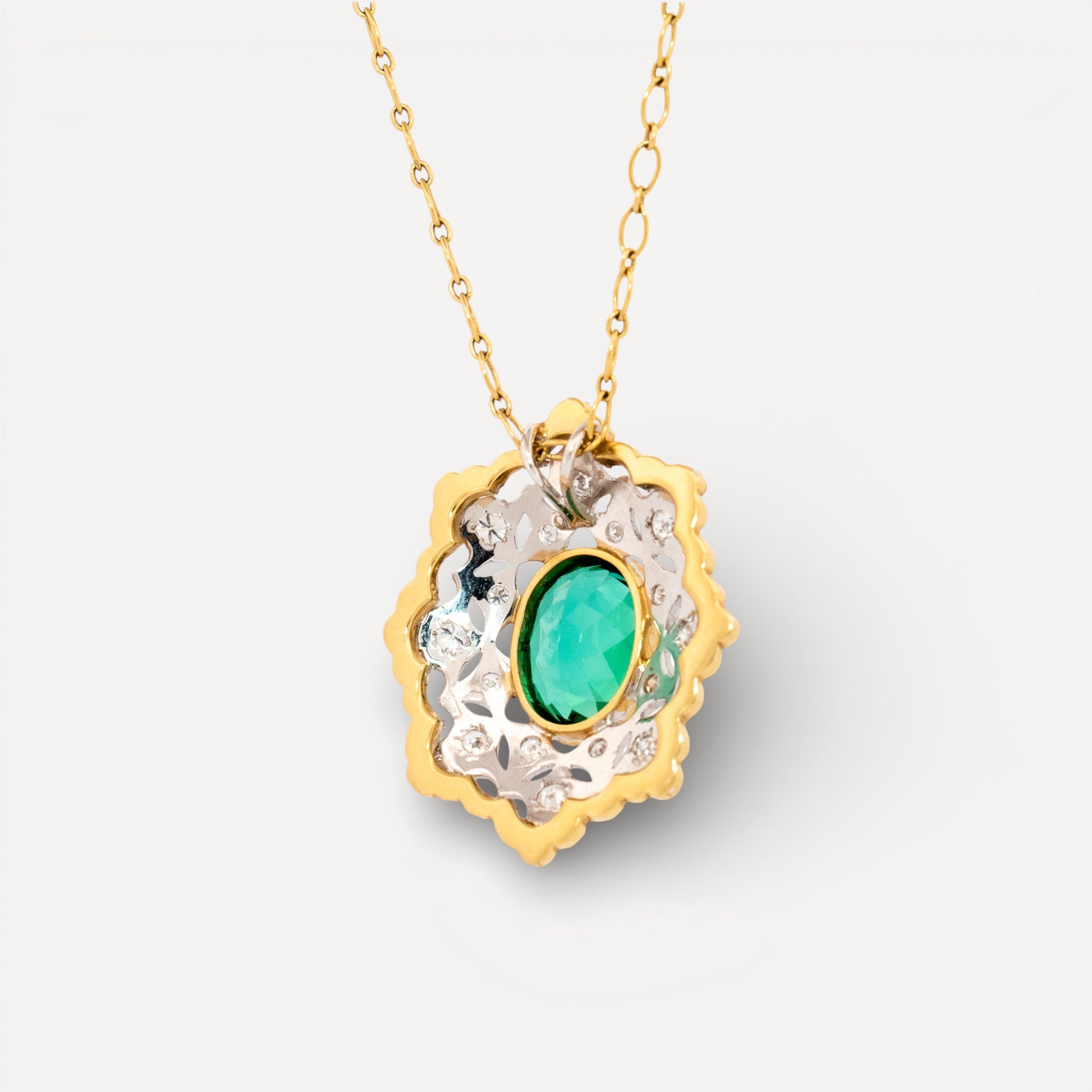 A green tourmaline in 18kt Florentine Engraved Giulia pendant necklace made in Florence, Italy by Cynthia Scott Jewelry