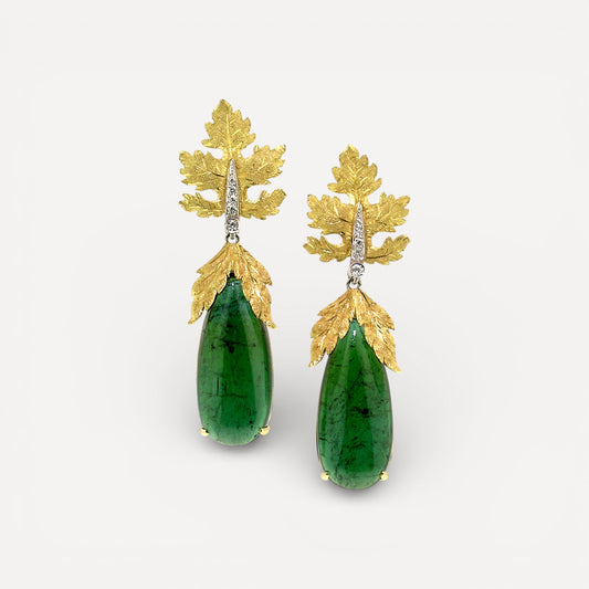 18kt Florentine Engraved Sylvia Earrings featuring large Green Tourmalines and Diamonds. Made in Florence, Italy by Cynthia Scott Jewelry.