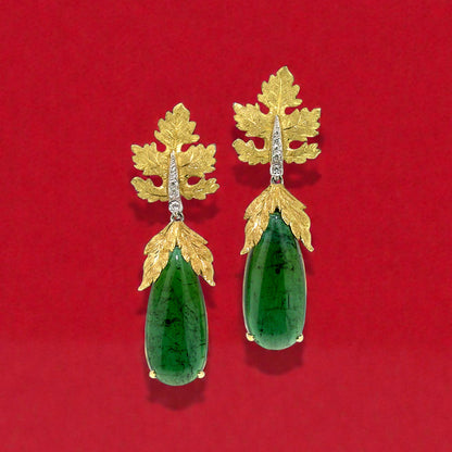 18kt Florentine Engraved Sylvia Earrings featuring large Green Tourmalines and Diamonds. Made in Florence, Italy by Cynthia Scott Jewelry.