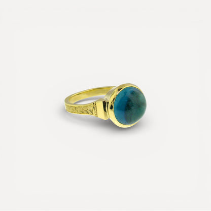 Blue Tourmaline Cabochon in 18kt Cassandra Ring made in USA by Cynthia Scott Jewelry