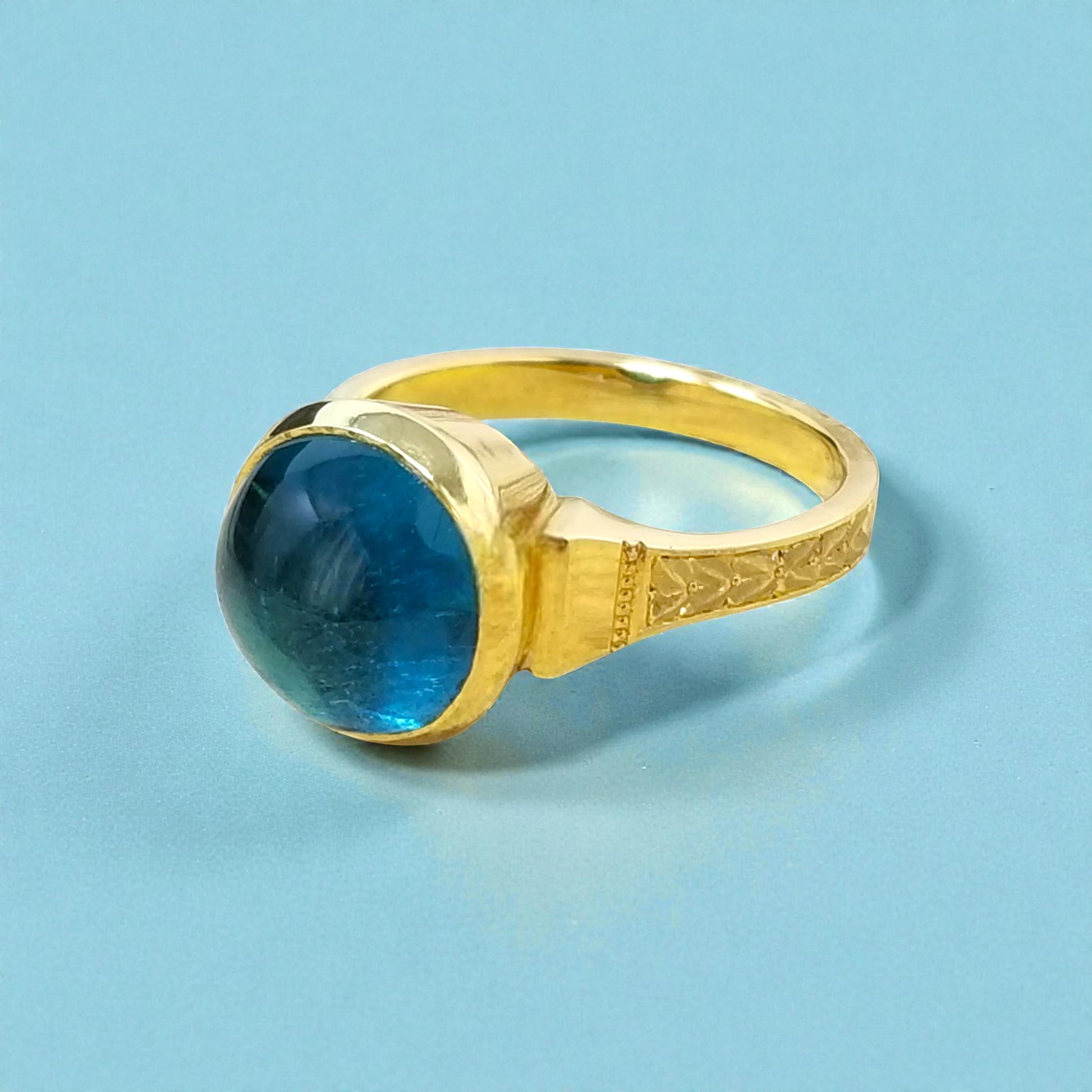 Blue Tourmaline Cabochon in 18kt Cassandra Ring made in USA by Cynthia Scott Jewelry
