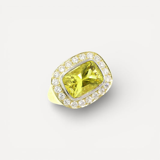 A canary tourmaline in an 18kt and Diamond Aphrodite Ring made in USA by Cynthia Scott Jewelry.