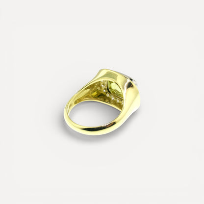 A canary tourmaline in an 18kt and Diamond Aphrodite Ring made in USA by Cynthia Scott Jewelry.