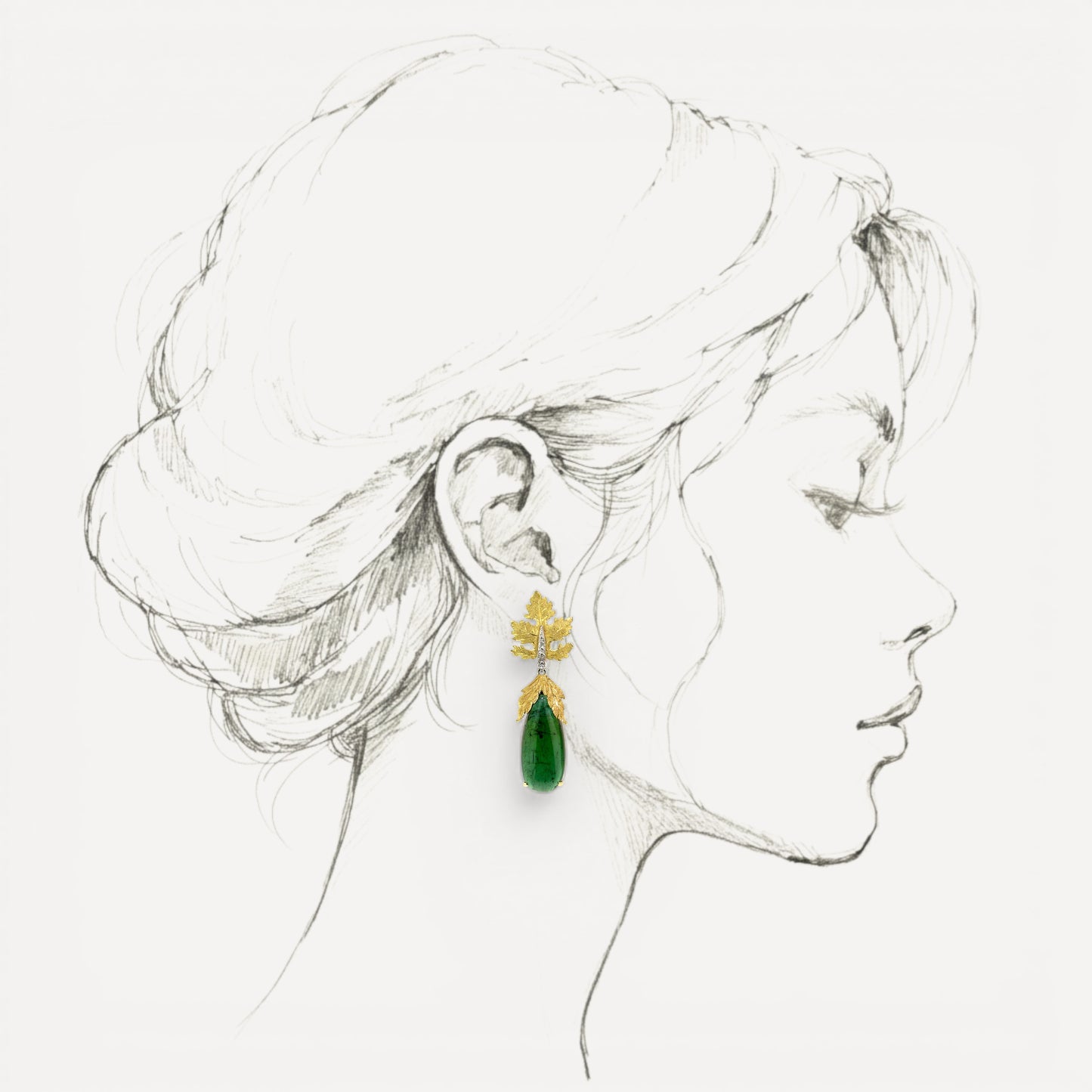 18kt Florentine Engraved Sylvia Earrings featuring large Green Tourmalines and Diamonds. Made in Florence, Italy by Cynthia Scott Jewelry.