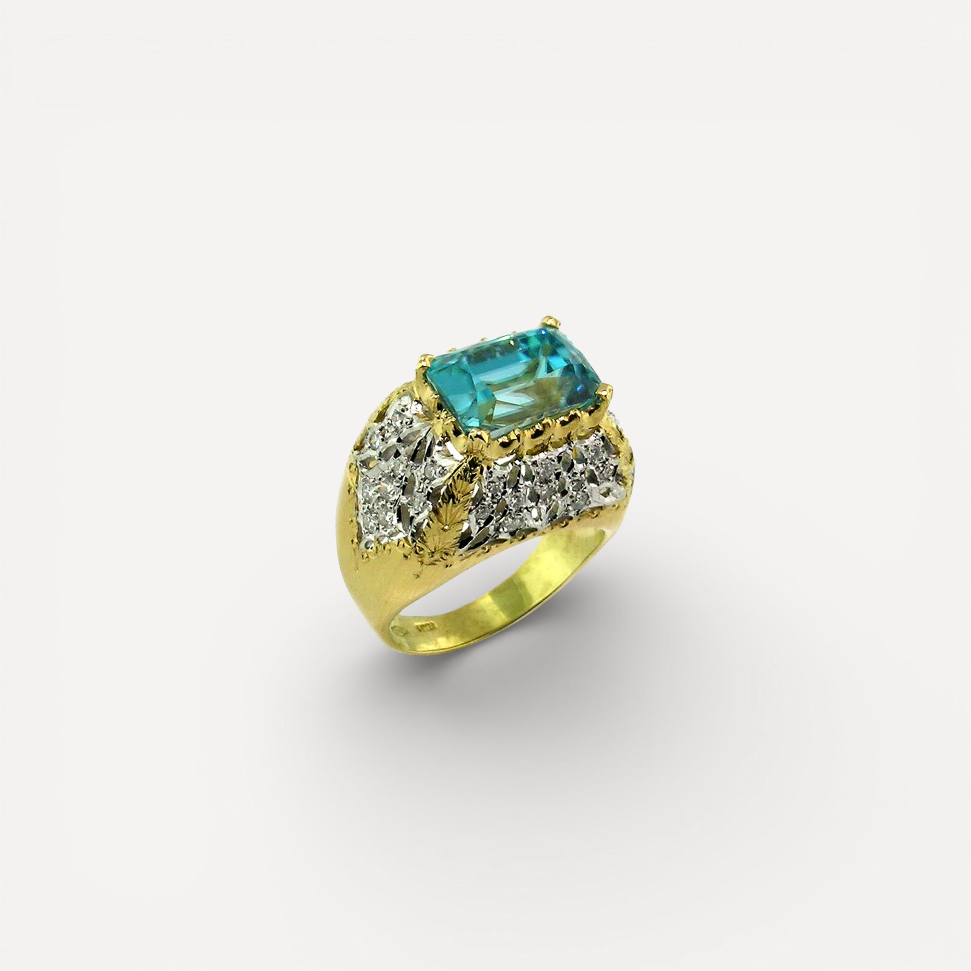 Cambodian Blue Zircon in 18kt and Diamond Aria Ring made in Italy by Cynthia Scott Jewelry