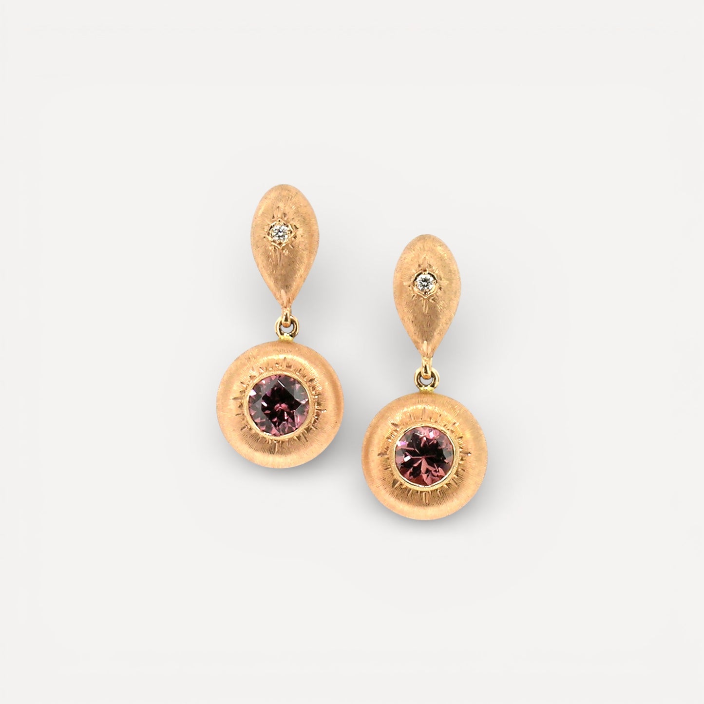 Tanzanian Pink Zircon 18kt Bianca Florentine Engraved Drop Earrings made in Florence, Italy by Cynthia Scott Jewelry.