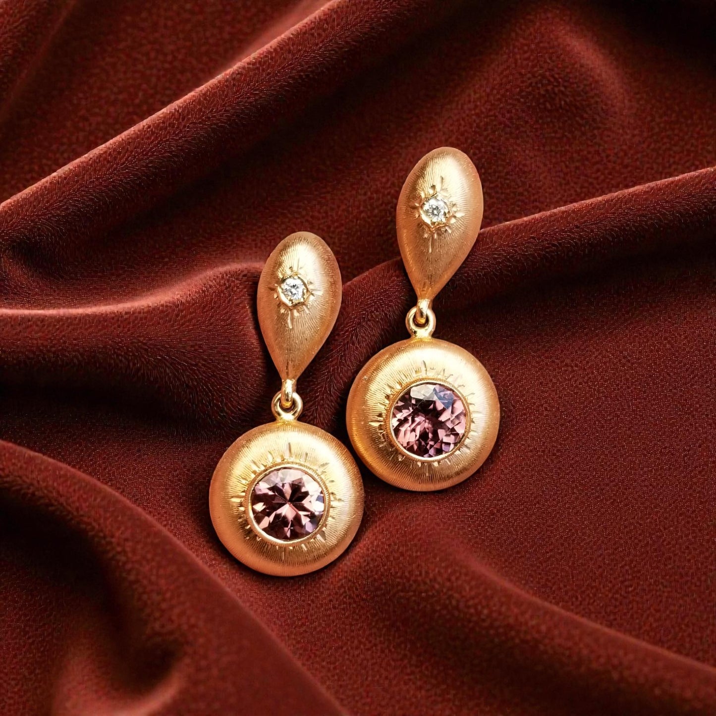 Tanzanian Pink Zircon 18kt Bianca Florentine Engraved Drop Earrings made in Florence, Italy by Cynthia Scott Jewelry.