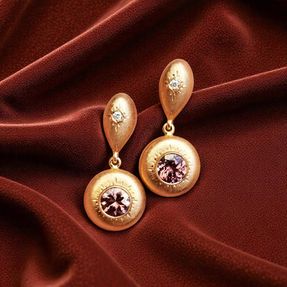 Tanzanian Pink Zircon 18kt Bianca Florentine Engraved Drop Earrings made in Florence, Italy by Cynthia Scott Jewelry.