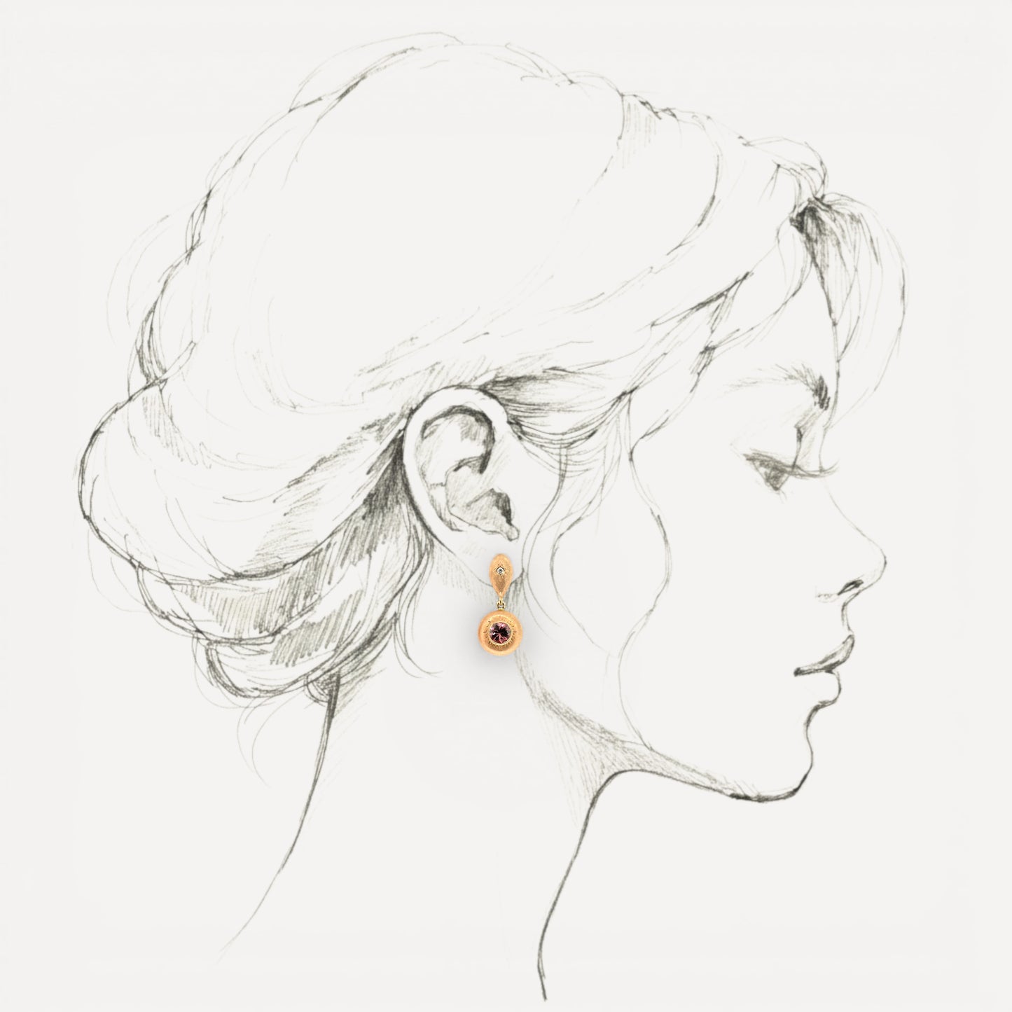 Tanzanian Pink Zircon 18kt Bianca Florentine Engraved Drop Earrings made in Florence, Italy by Cynthia Scott Jewelry.